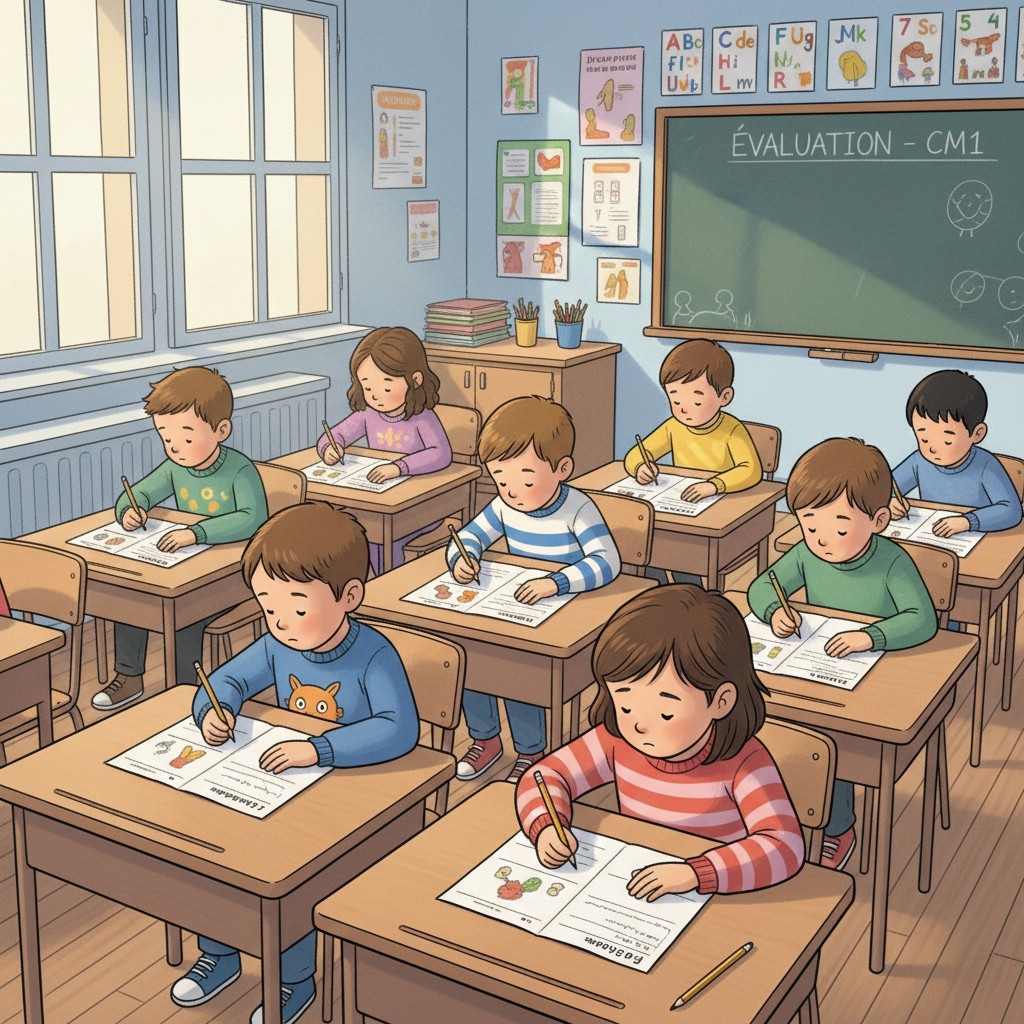 Un groupe d’enfants participant à un concours de mathématiques, concentrés sur la résolution des épreuves