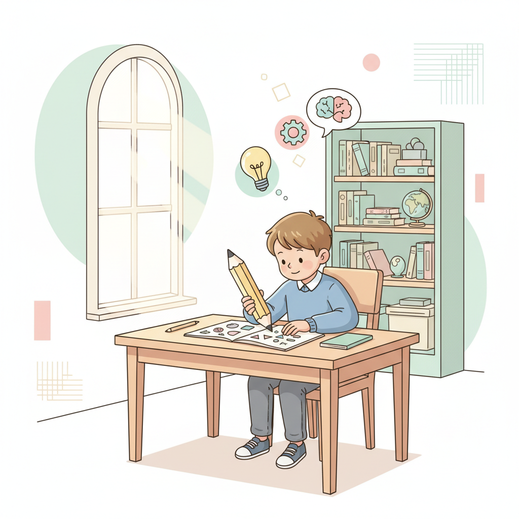 Un enfant participant à un concours de mathématiques, concentré sur la résolution des épreuves