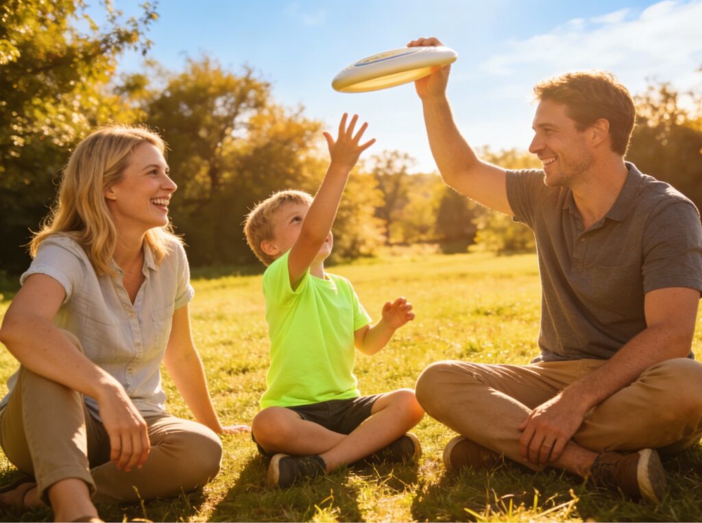 Famille profitant d’une activité en plein air pour limiter le temps d’écran de l’enfant.
