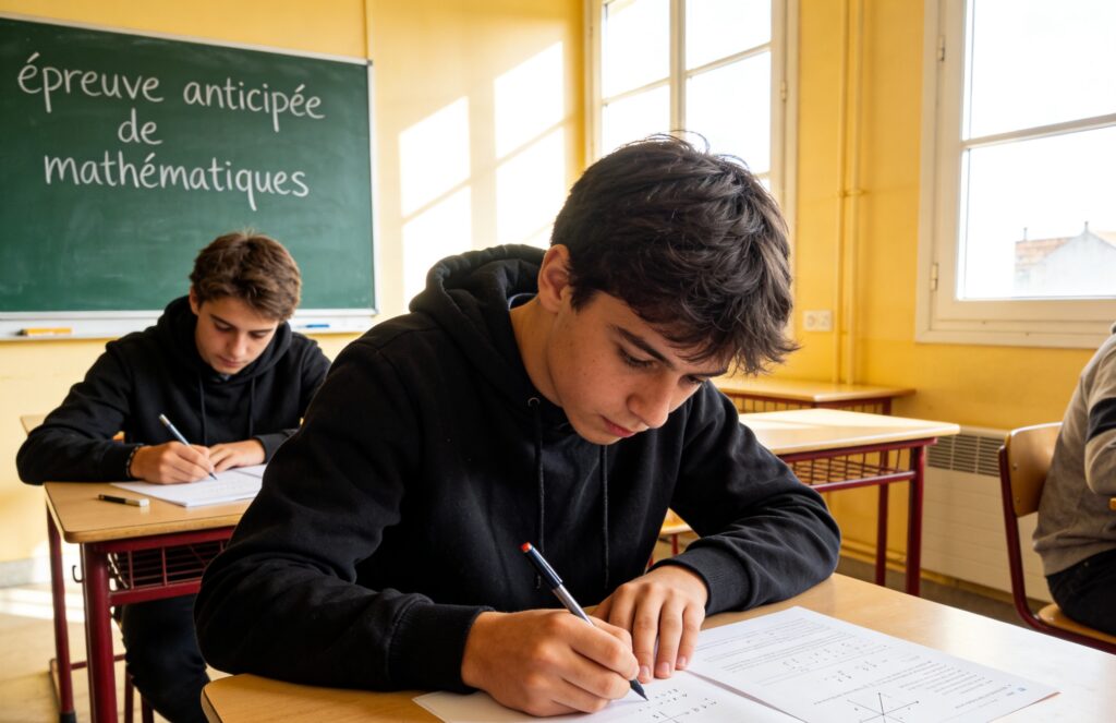 Élèves français de seconde préparant l'épreuve anticipée de mathématiques sans calculatrice