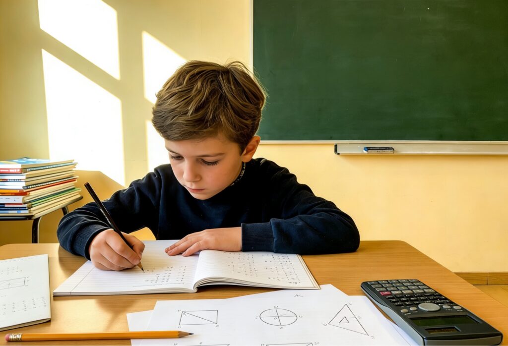 Enfant en 3e français préparant l'épreuve de mathématiques du Brevet sans calculatrice
