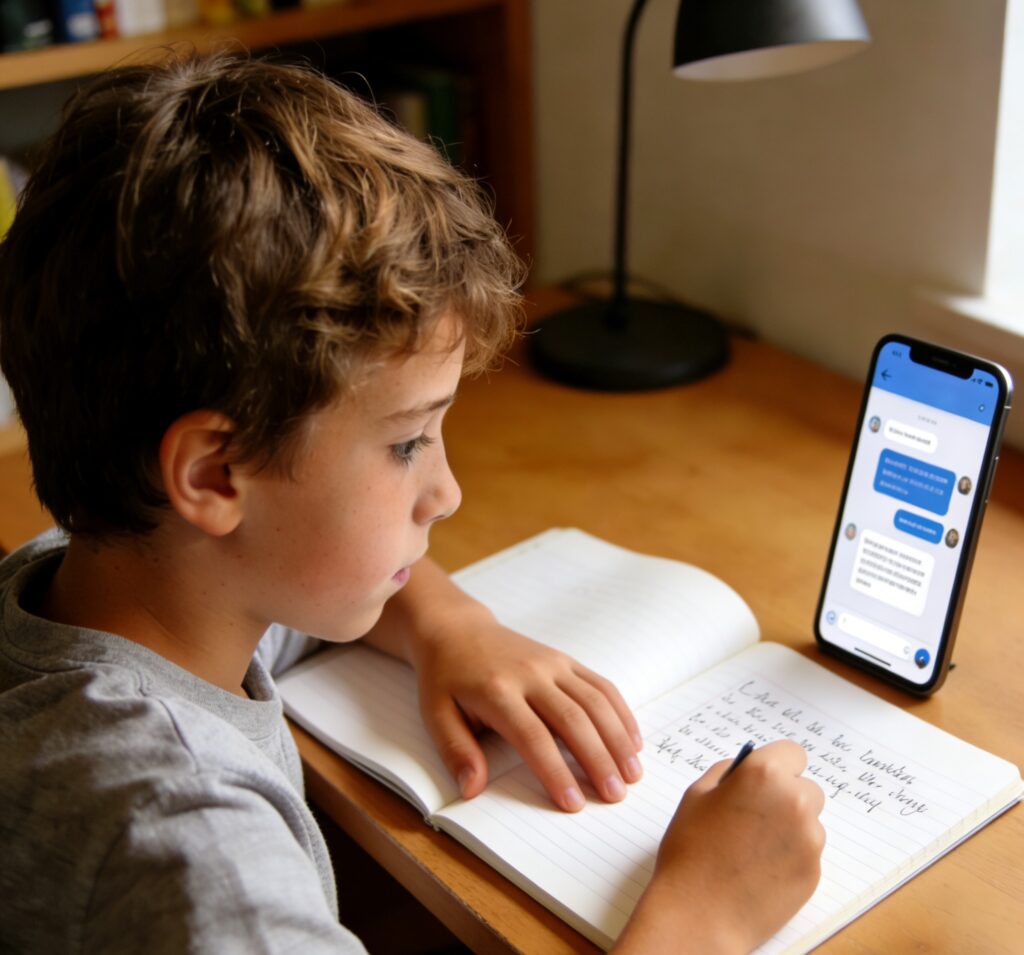 enfant réfléchissant à un problème de mathématiques avec une intelligence artificielle