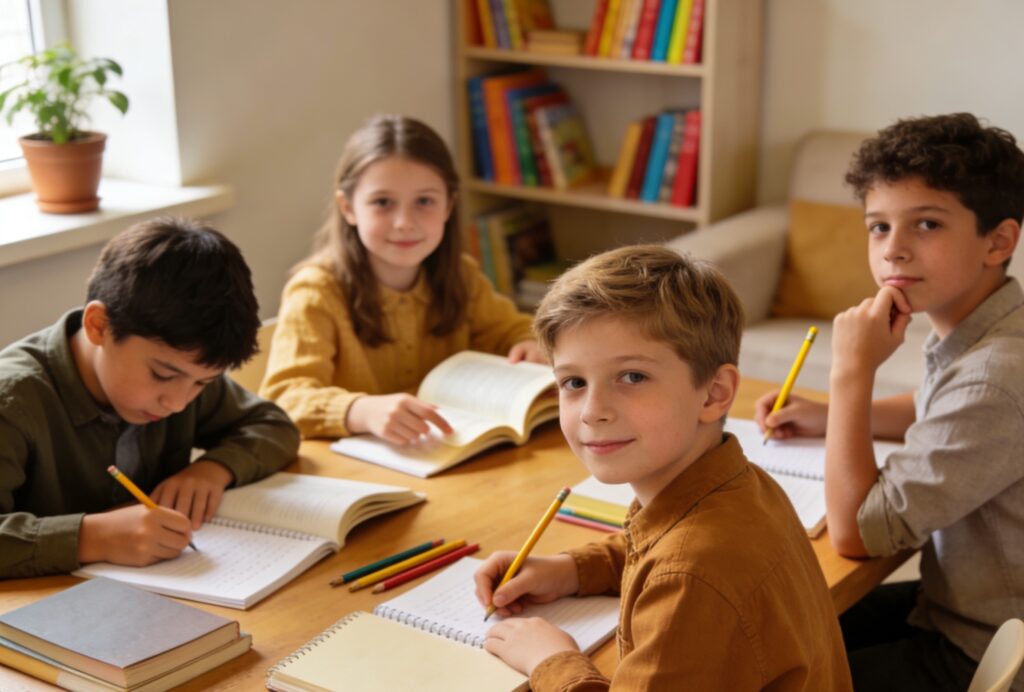 enfants faisant leurs devoirs pendant les vacances scolaires