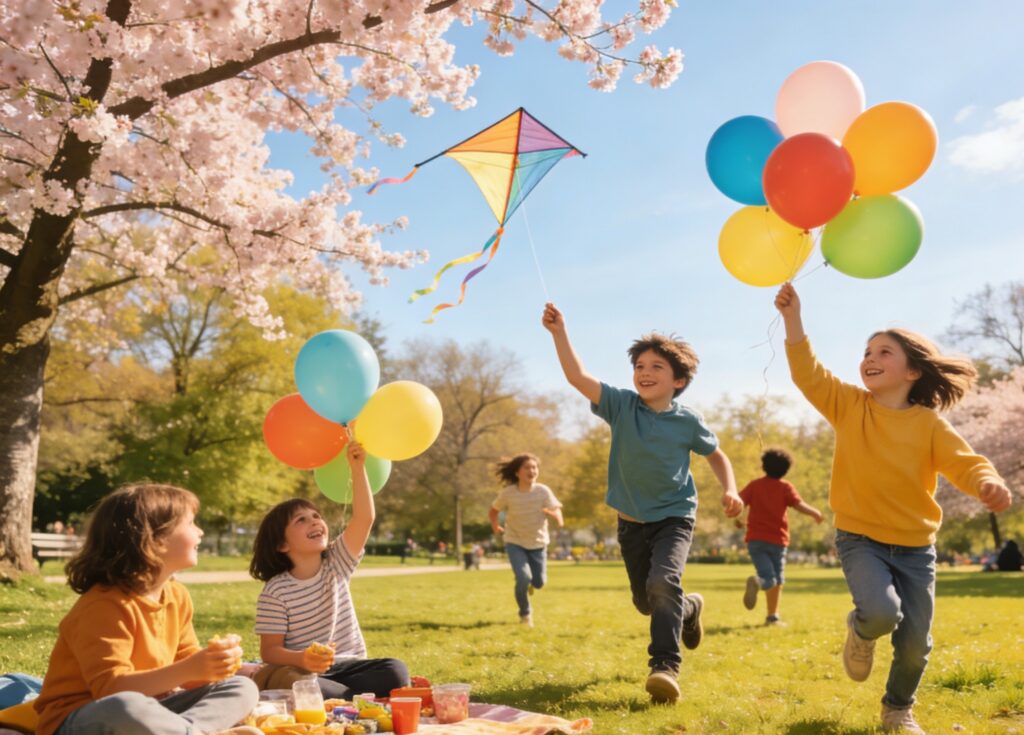 Enfants en France souriant dehors pendant les vacances de printemps 2026