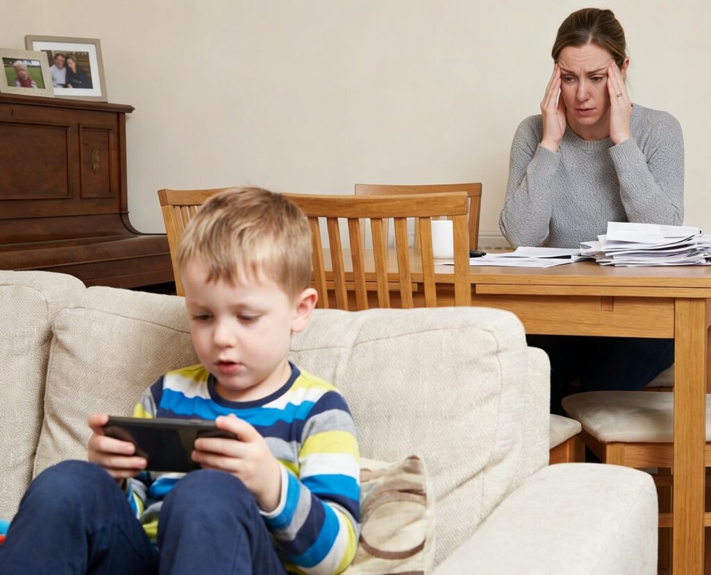 Un enfant utilisant son smartphone pendant que ses parents semblent préoccupés par son temps d’écran.