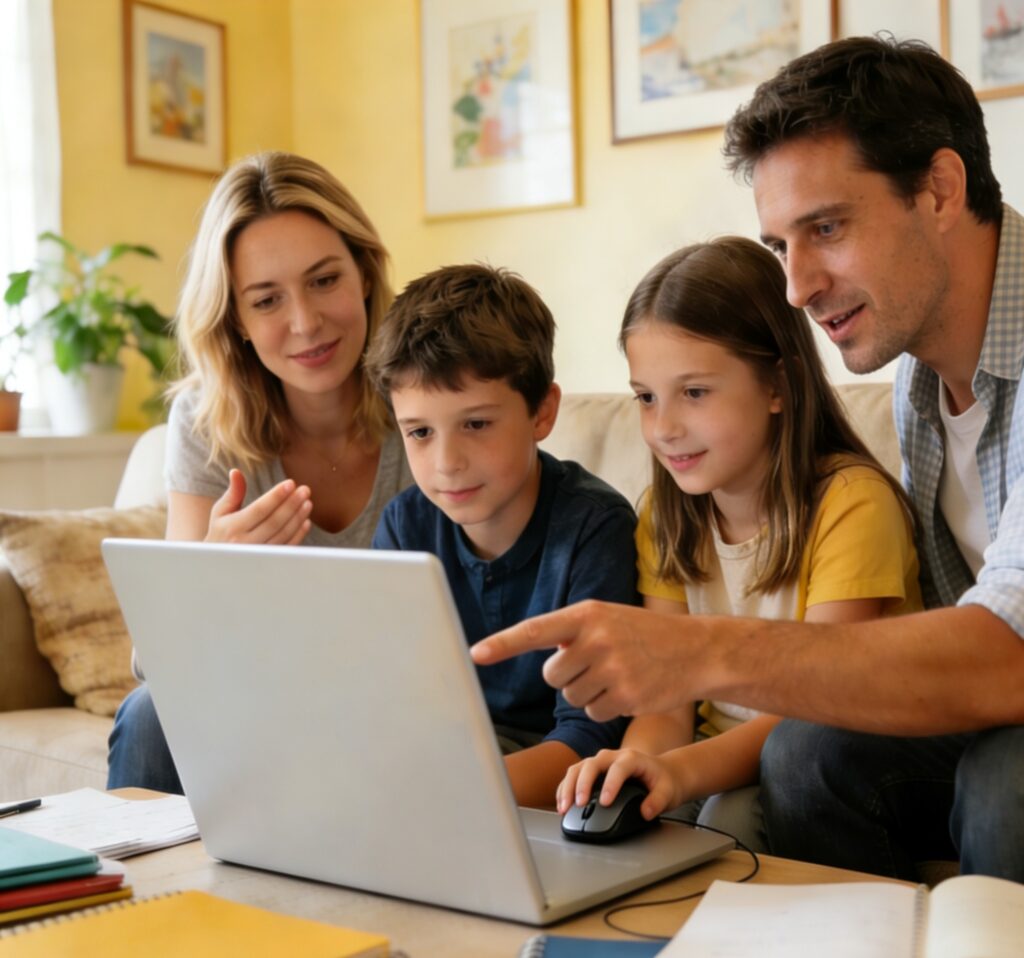 parent aidant son enfant à réfléchir à ses devoirs avec l’aide de l’intelligence artificielle