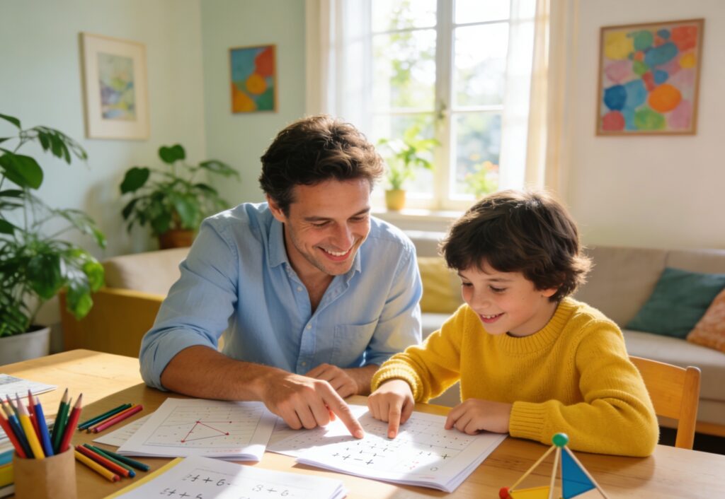Famille française jouant à des jeux de logique pour consolider les maths pendant les vacances de printemps