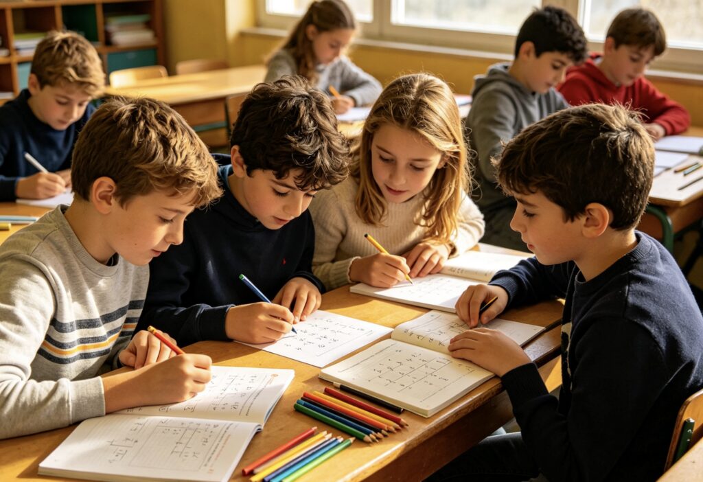 Élèves français en travail de groupe discutant de mathématiques pour préparer le Rallye Mathématique de l’Académie de Lyon en classe