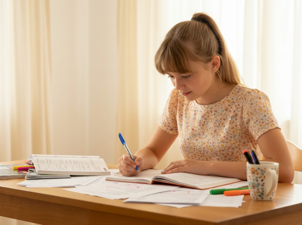 élèves de 3e préparant le Brevet 2026 de mathématiques à la maison