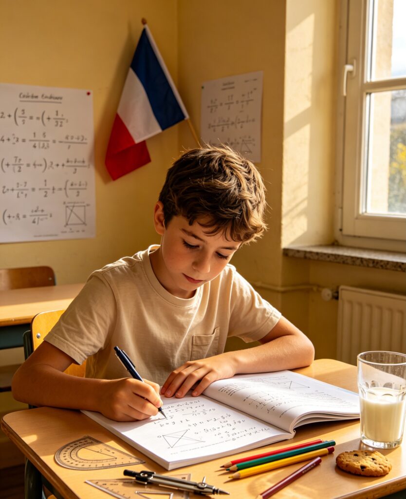 Un élève de CM2 en France prépare le concours EurêkaMaths en mathématiques, en résolvant des exercices sur un cahier à son bureau.