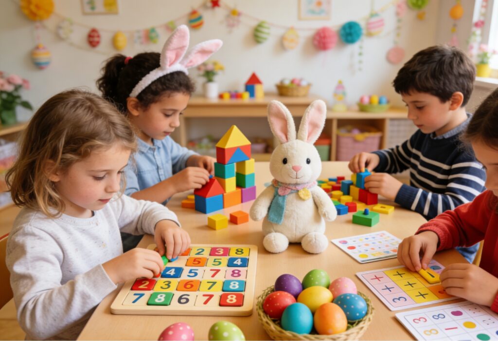 Activité mathématique ludique à la maison pendant les vacances de Pâques avec un enfant en primaire