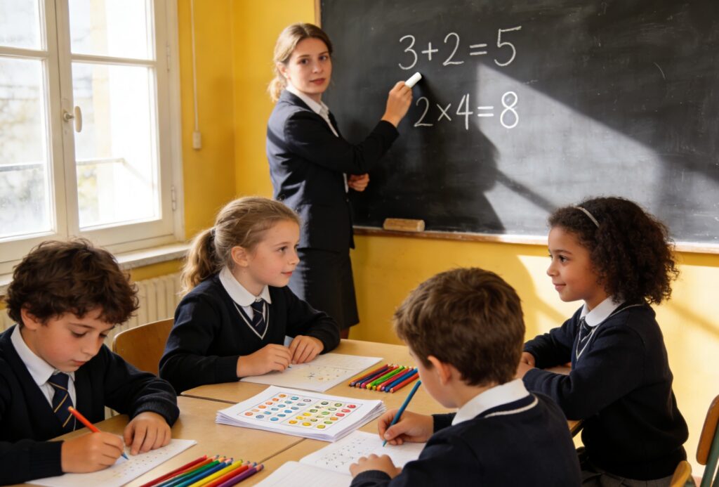 Écolier en France apprenant les mathématiques à l’école primaire, manipulant des cubes pour comprendre les nombres