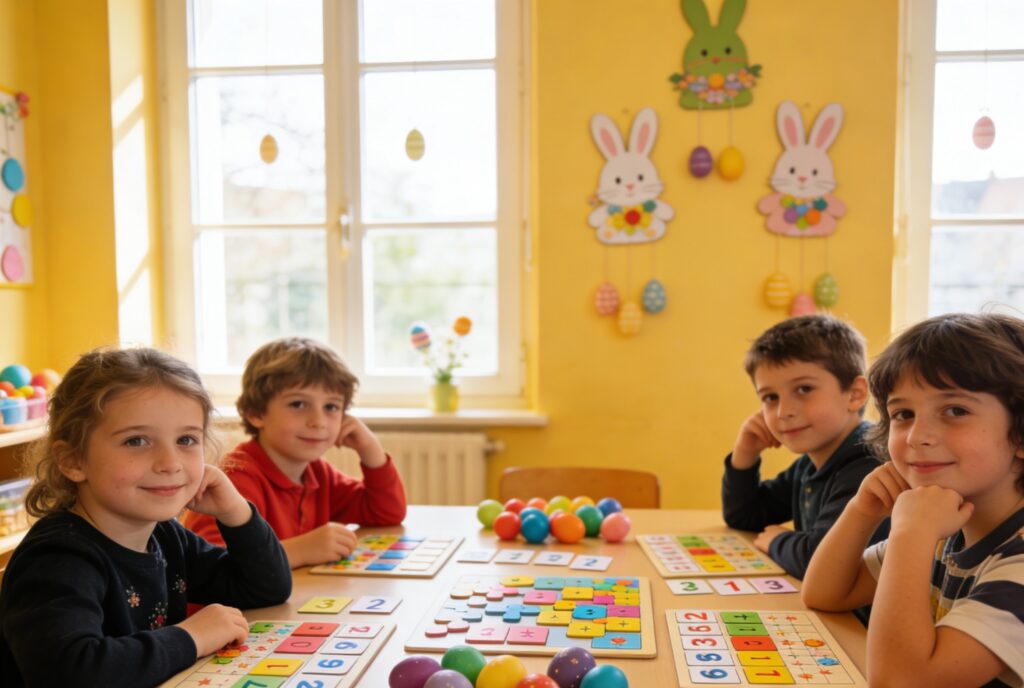 Activité mathématique ludique à la maison pendant les vacances de Pâques avec un enfant en primaire