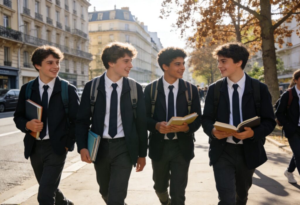 Groupe de lycéens en France dans la cour du lycée pendant la pause, discussion entre amis